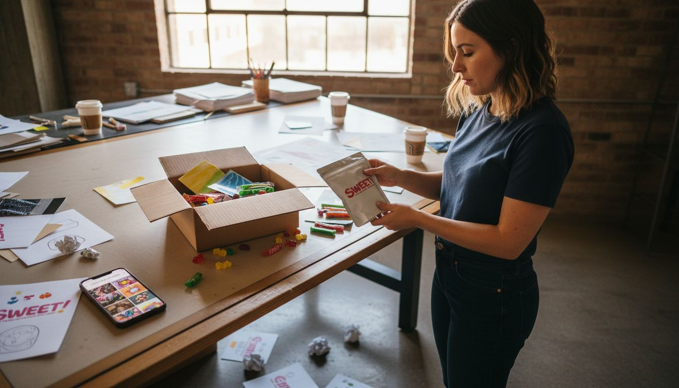 Designer reviewing colorful candy packaging prototypes