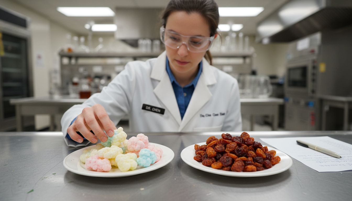 Scientist comparing freeze dried and dehydrated candies