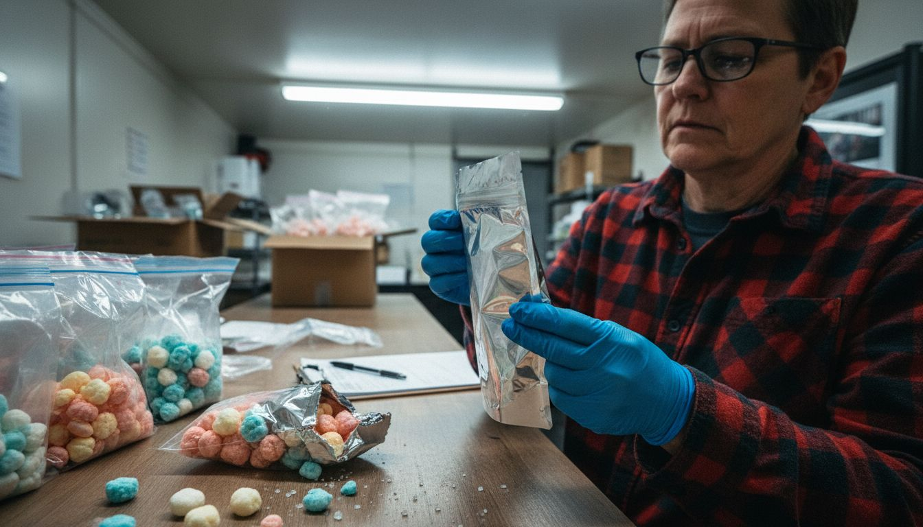 Worker inspecting freeze-dried candy pouch seam