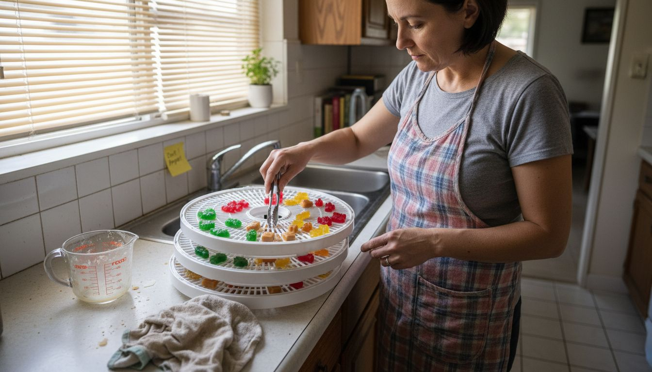 Preparing candy for dehydrator in kitchen