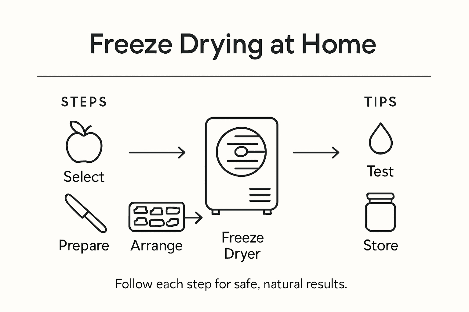 Infographic showing home freeze drying steps and tips