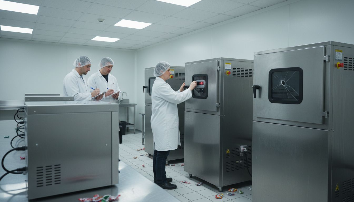 Team examining various lyophilizer machine types