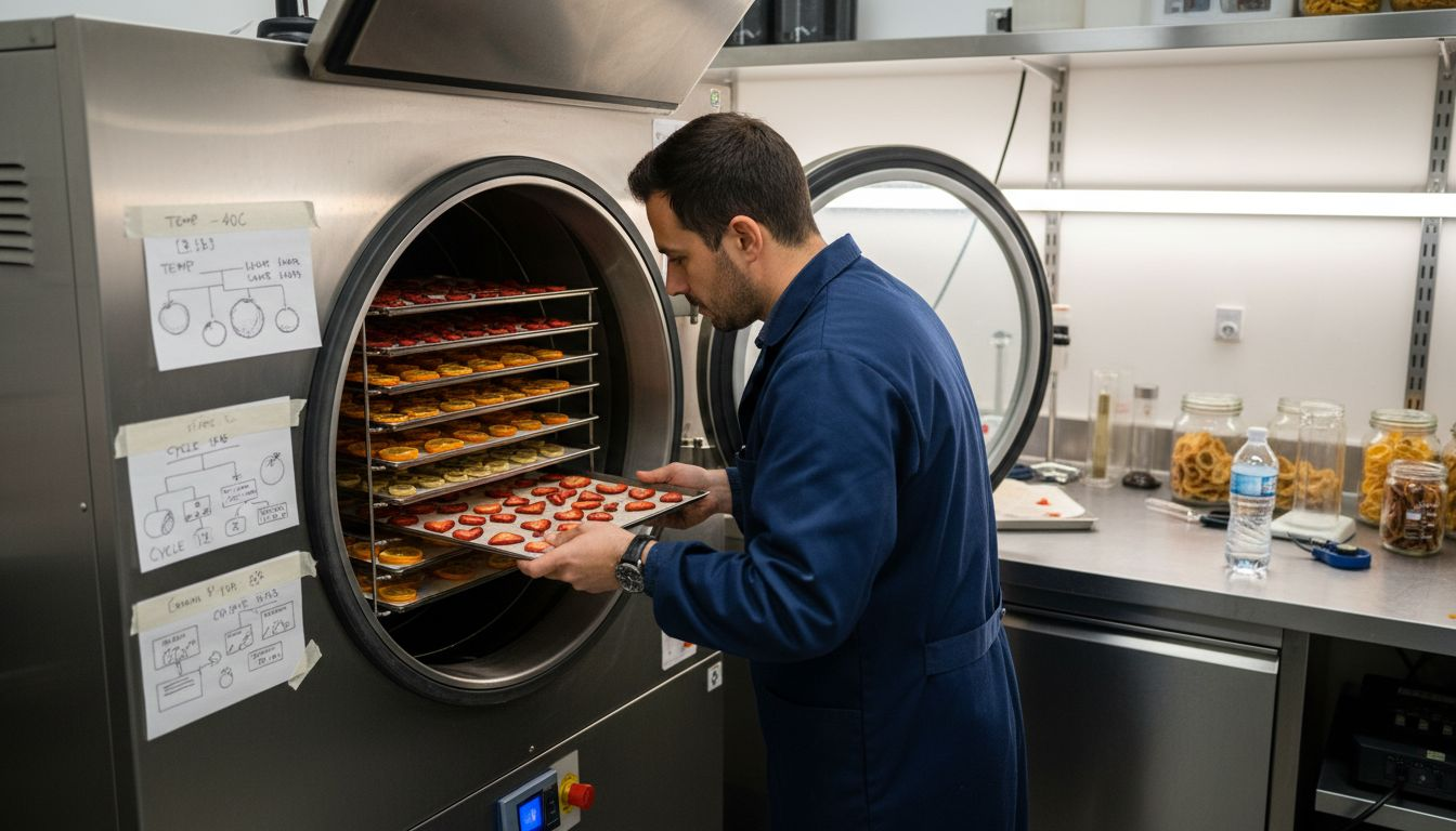 Technician monitoring freeze dried fruit process