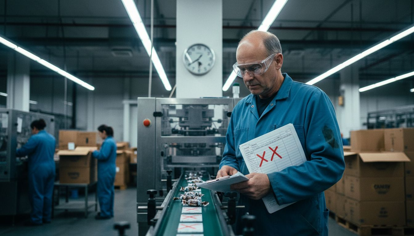 Supervisor checking candy packaging in factory
