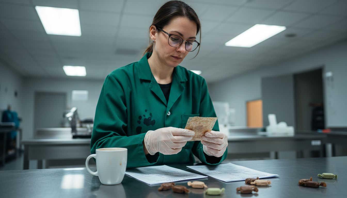Technician examining eco-friendly candy wrappers