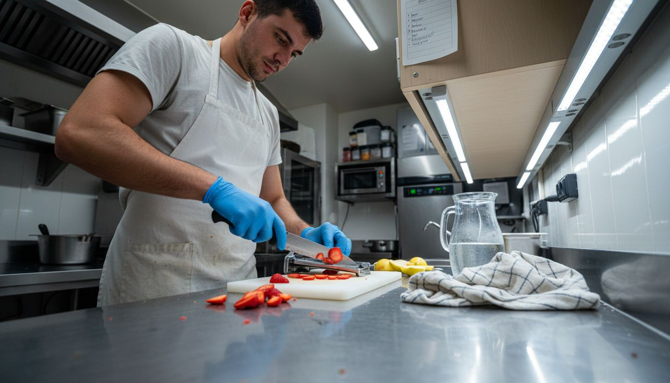 Worker slicing fruit for freeze drying candy
