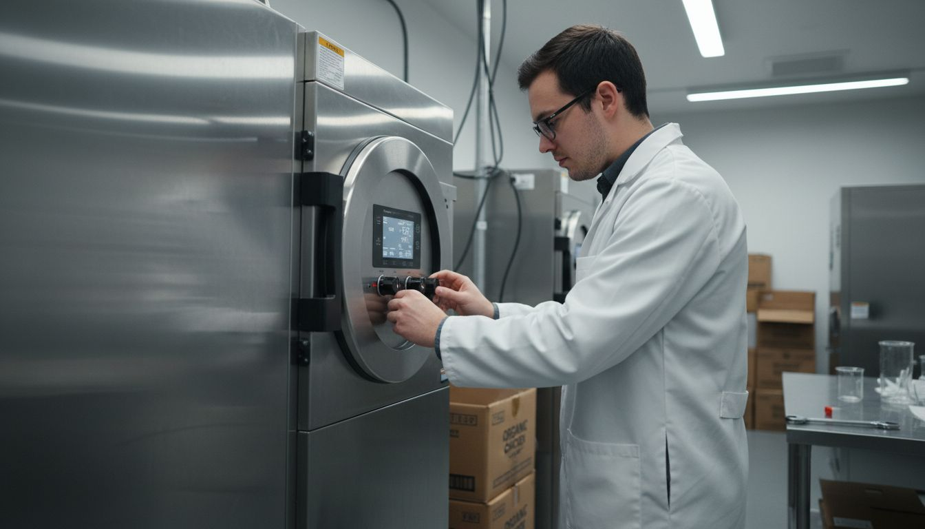 Technician operates commercial freeze dryer machine