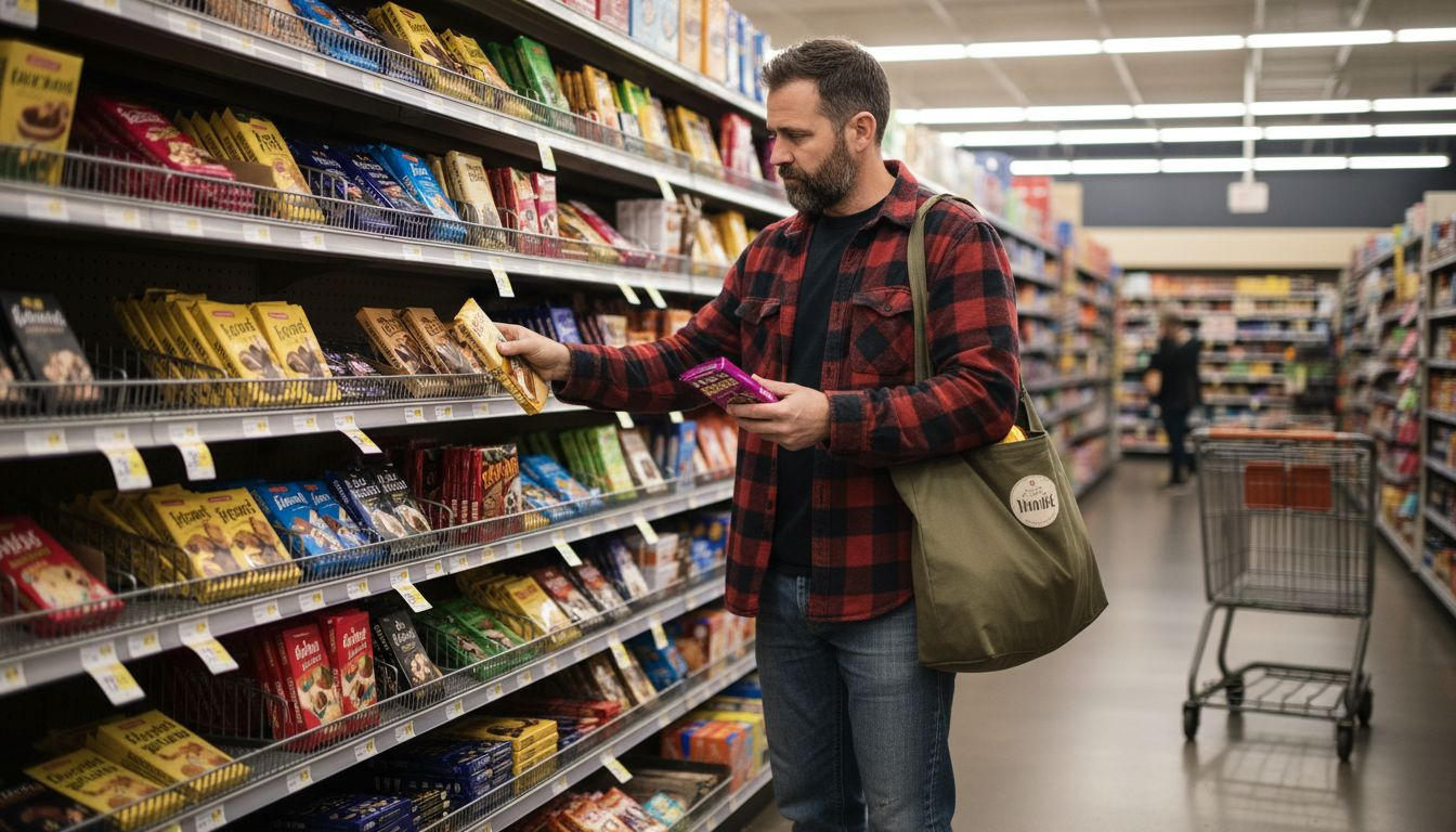 Shopper choosing between chocolate bars