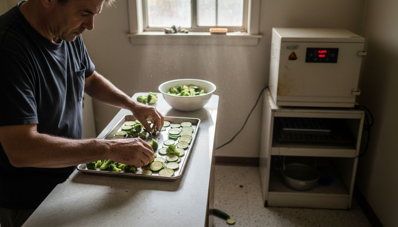 Placing vegetables on home freeze dryer tray