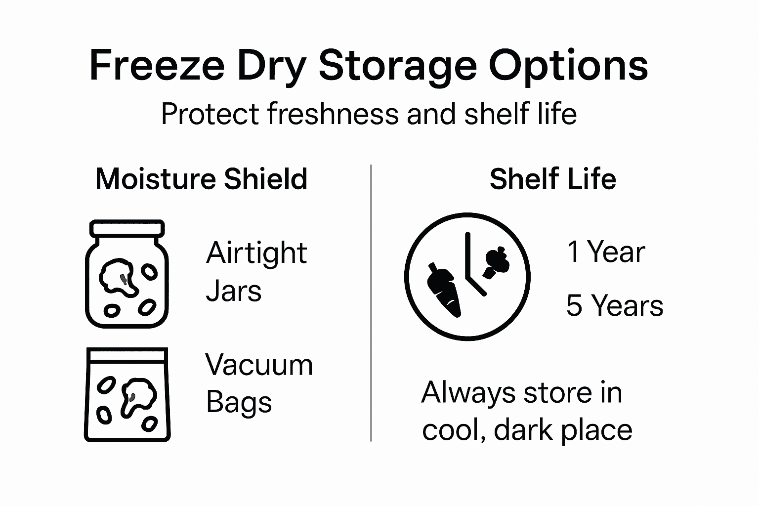 Infographic showing storage options for freeze dried vegetables