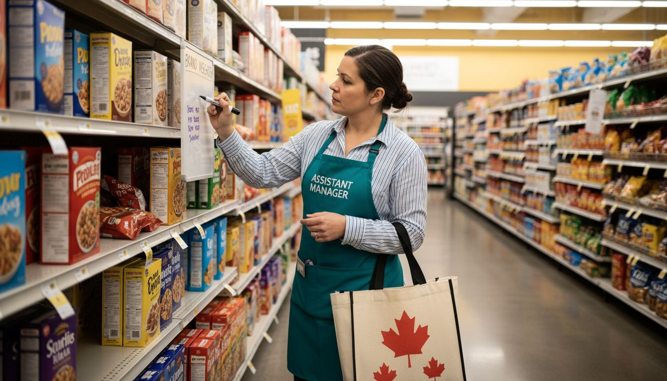 Assistant manager marking brand insights in grocery store