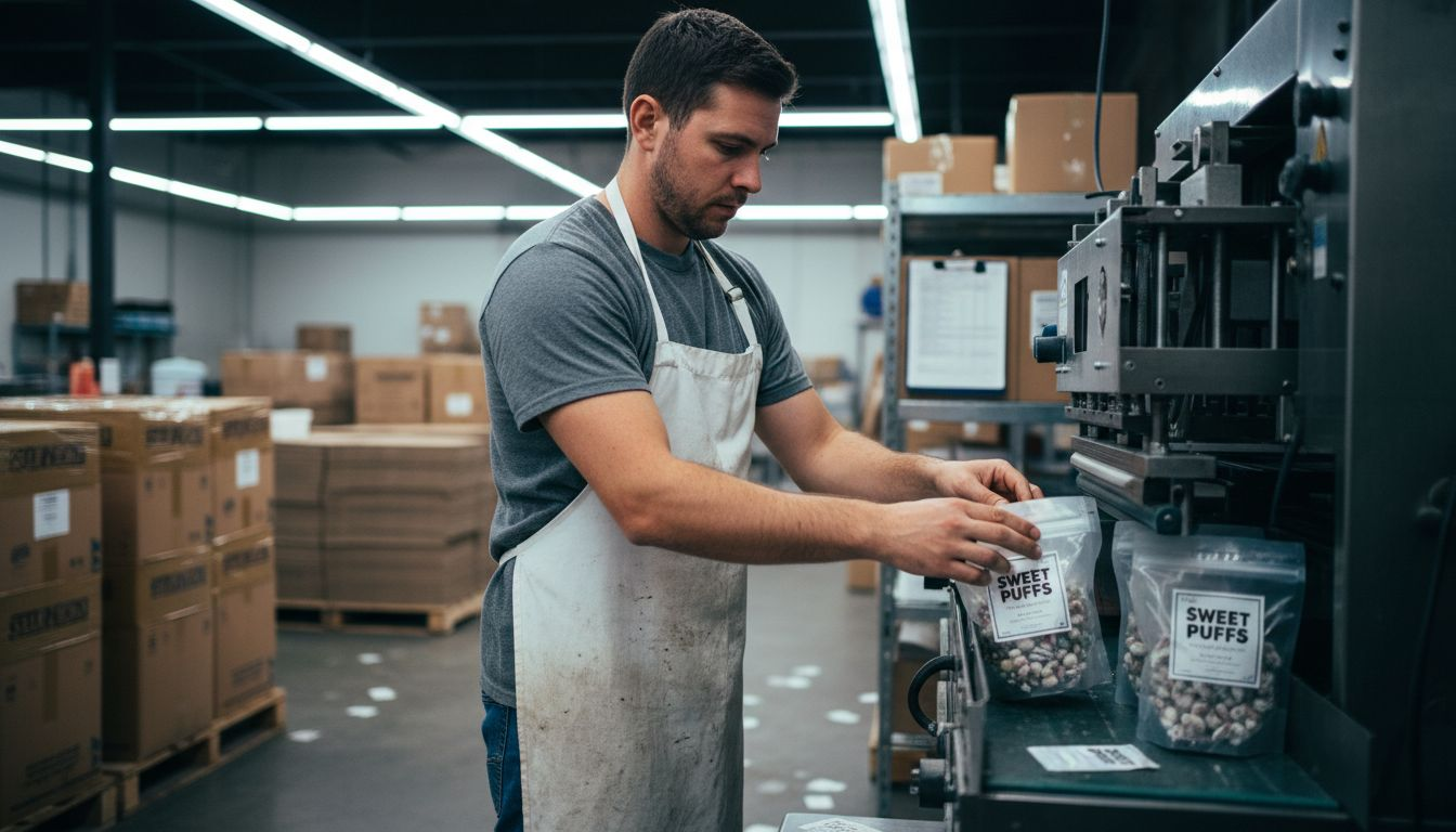 Worker loading bags into packing machine