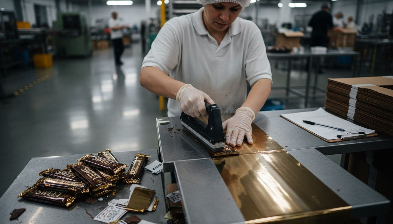 Worker sealing candy bars in glossy wrappers