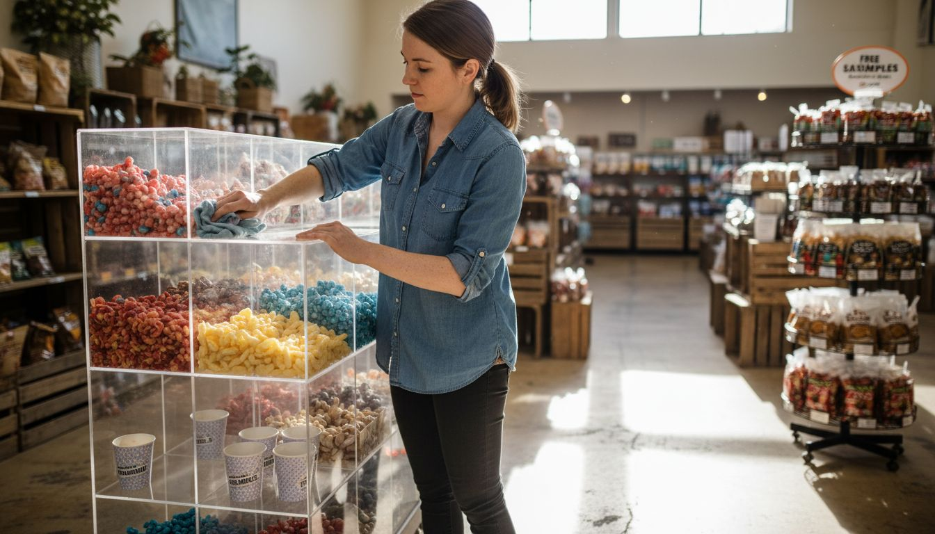 Staff cleaning acrylic display of freeze-dried candy