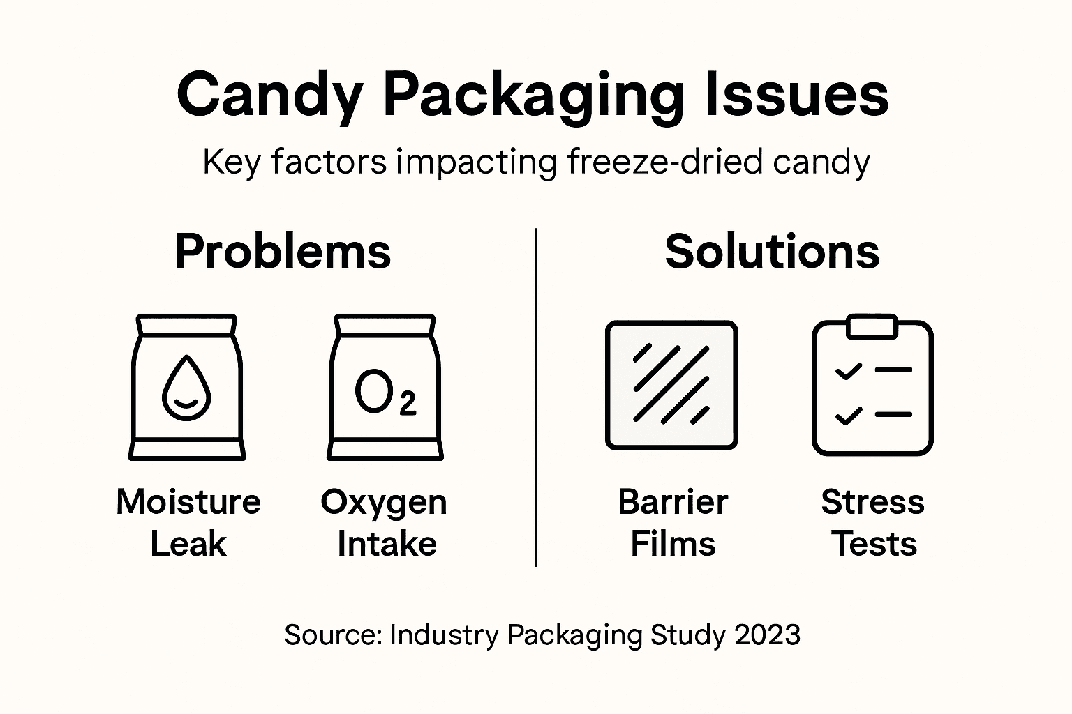 Infographic on freeze-dried candy packaging issues and solutions