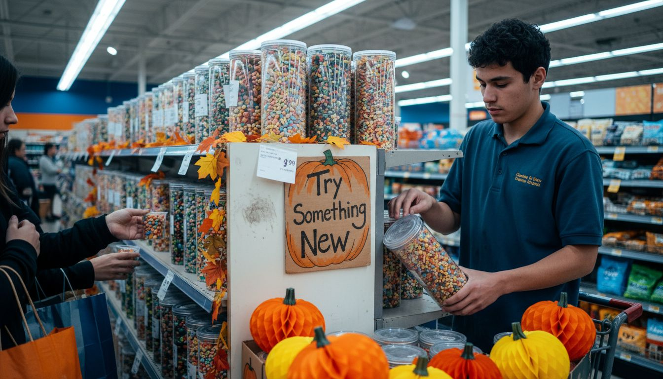 Employee rotating freeze-dried candies on themed display
