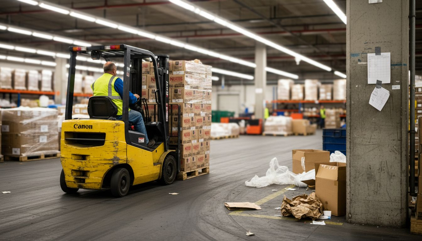 Forklift moving Nestle chocolate packages in warehouse
