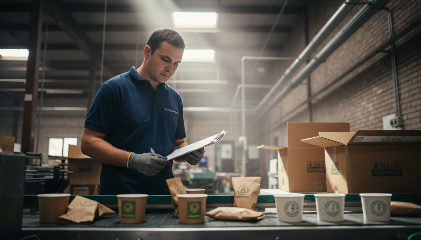 Worker sorting eco-friendly ice cream packaging