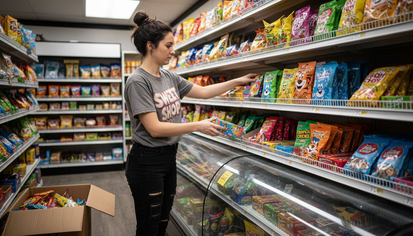 Employee arranging branded candy packaging on shelf