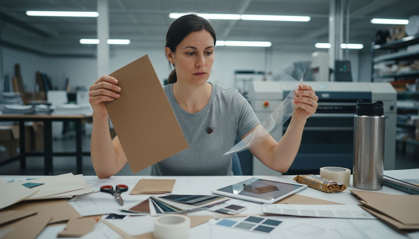 Designer comparing candy box material samples