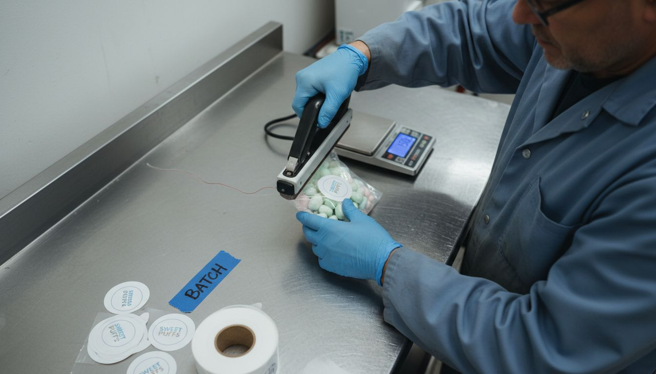 Worker sealing freeze dried candy pouches