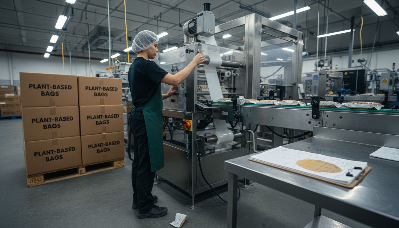 Worker at snack packaging production line
