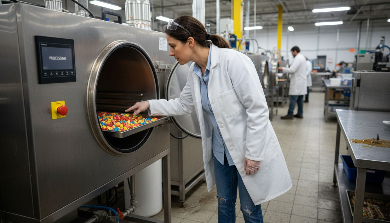Quality manager inspecting freeze-drying machine
