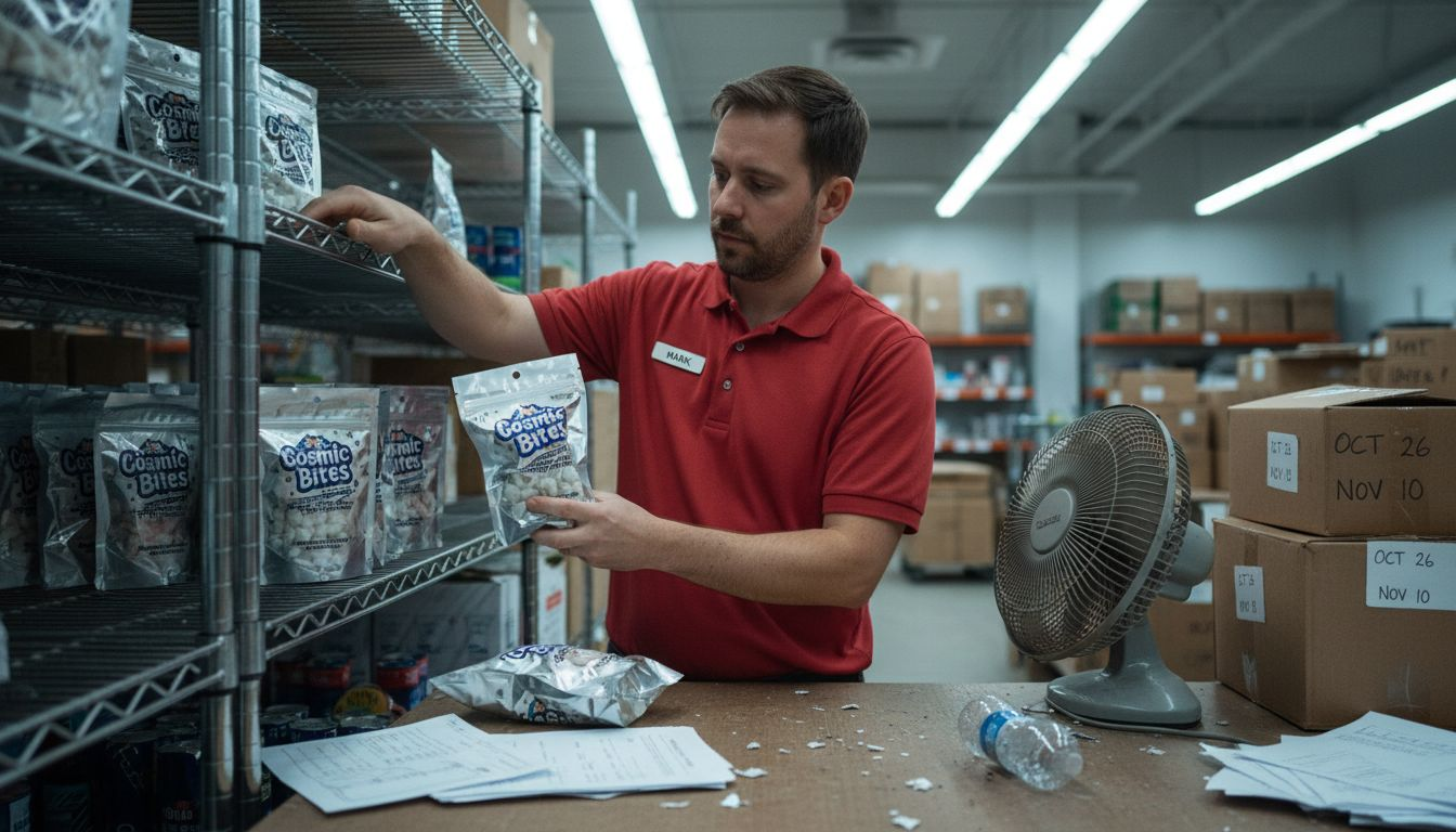 Employee organizing freeze-dried candy with safety risks