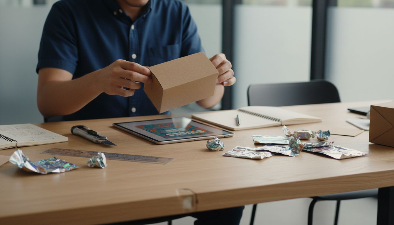 Designer examining candy box material samples