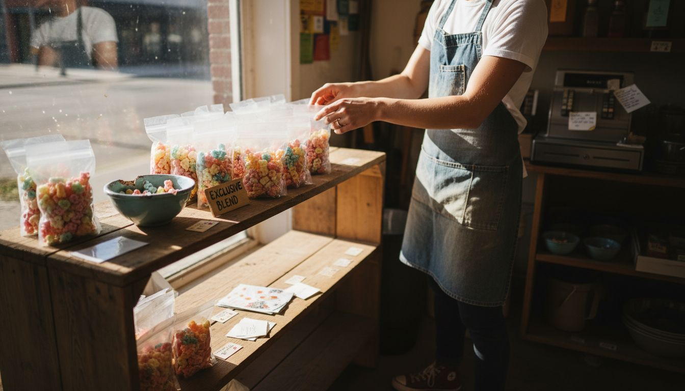 Owner displays freeze dried candy in retail shop