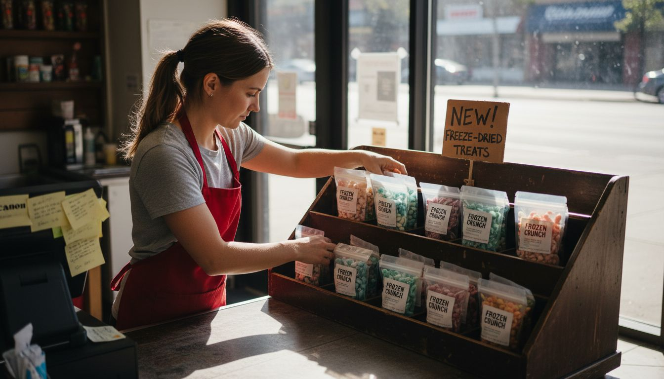 Retail employee stocking freeze-dried candy shelf