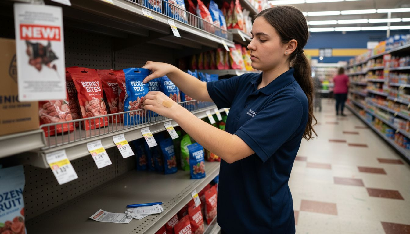 Retail worker arranges fruit freeze dried candy bags