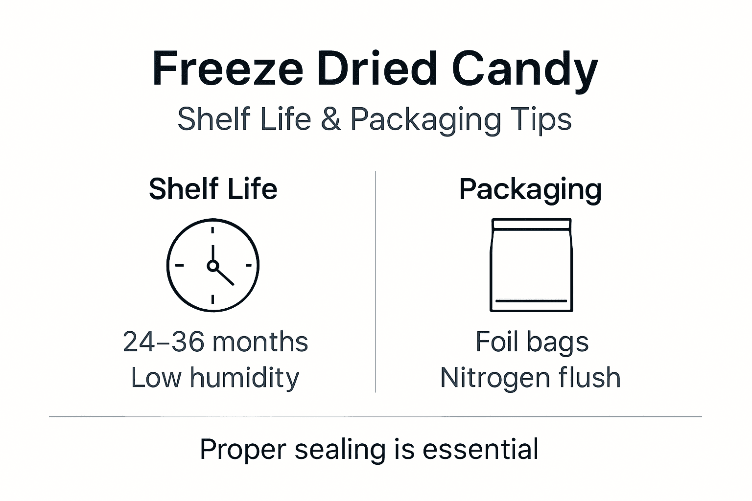 Infographic on freeze dried candy shelf life and packaging