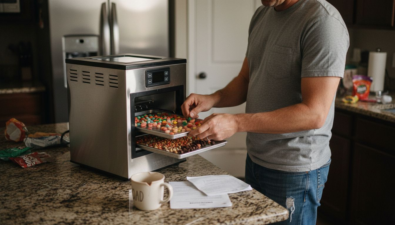 Man setting up freeze dryer in home kitchen