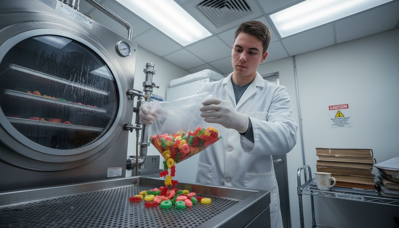 Technician preparing freeze-dried candy in lab