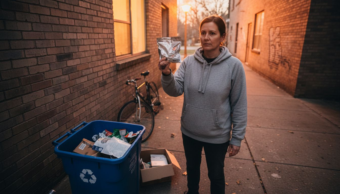 Woman recycling empty candy packaging pouch