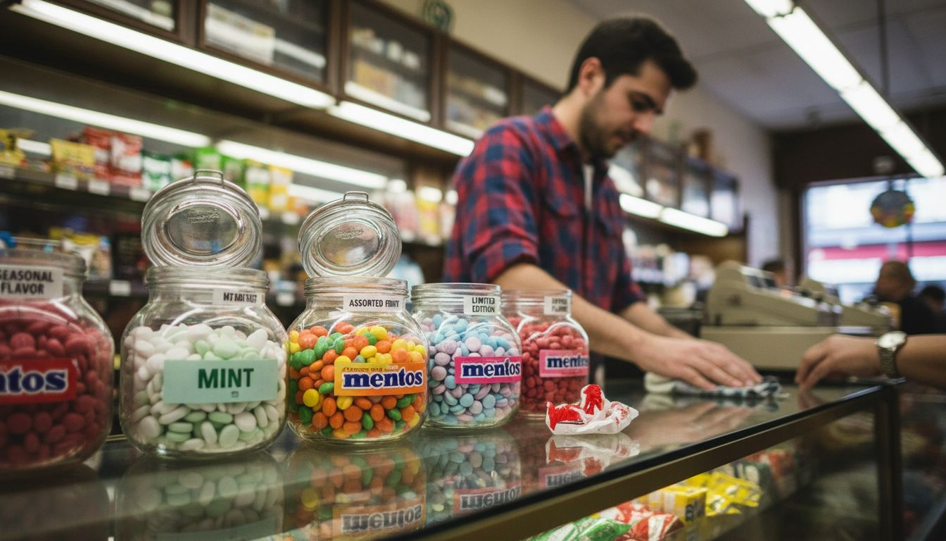 Mentos jars in candy shop with assorted flavors