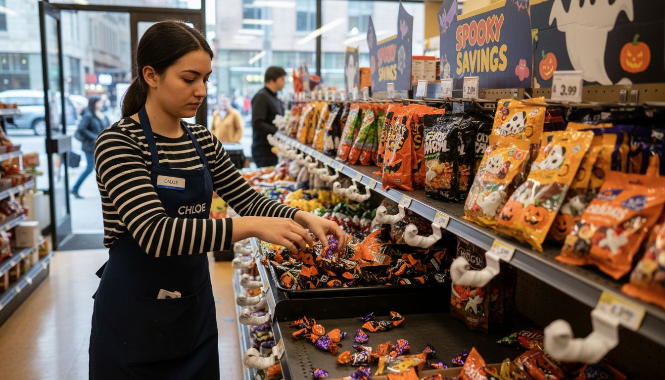 Retail worker stocking holiday candy display