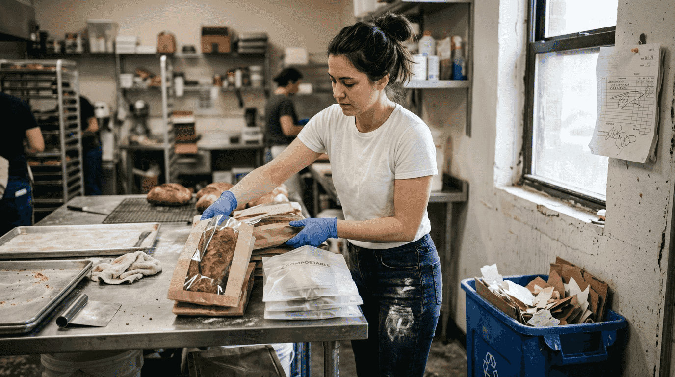 Bakery worker sorting eco bread bags