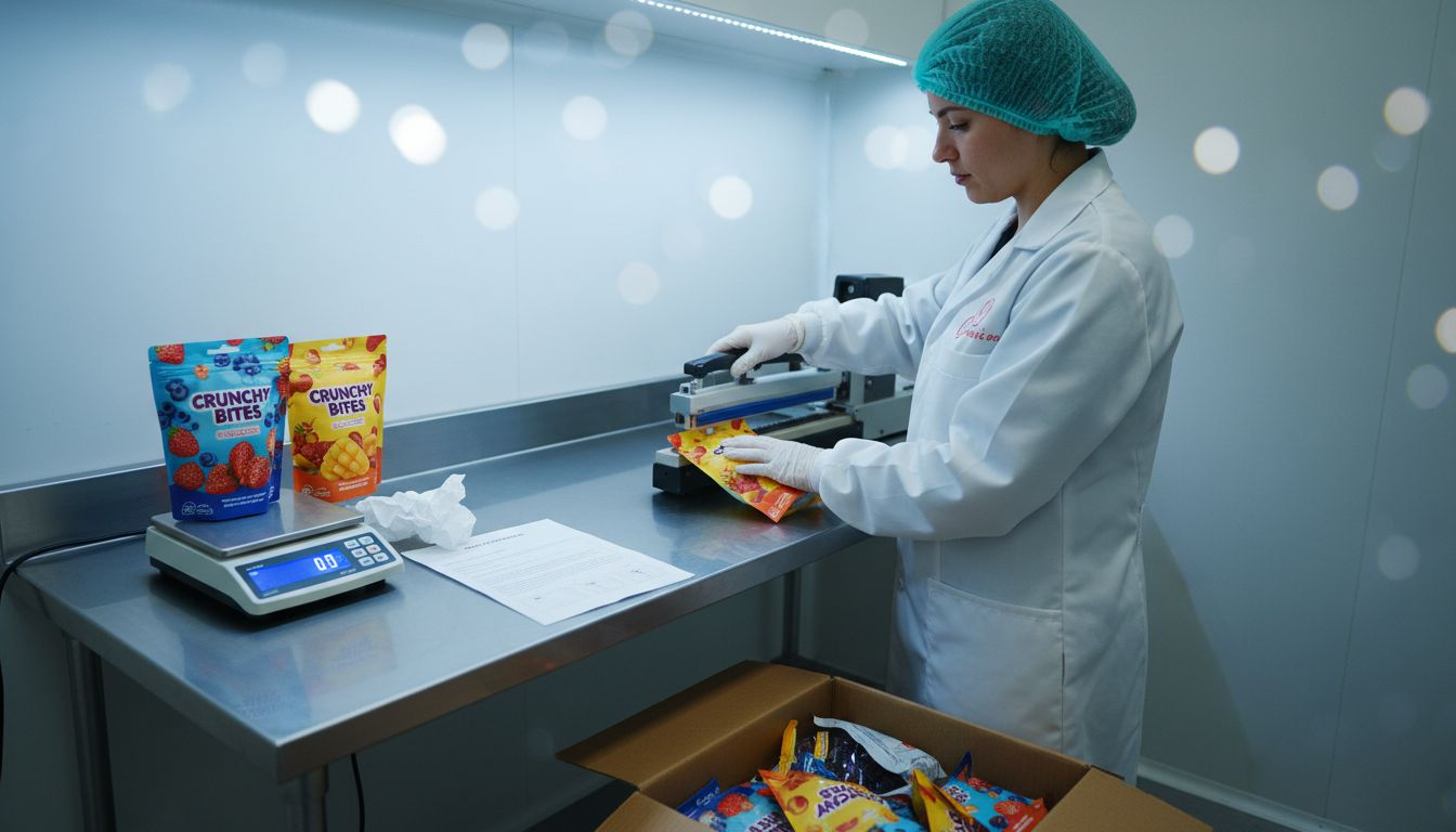Technician sealing freeze dried snack packages