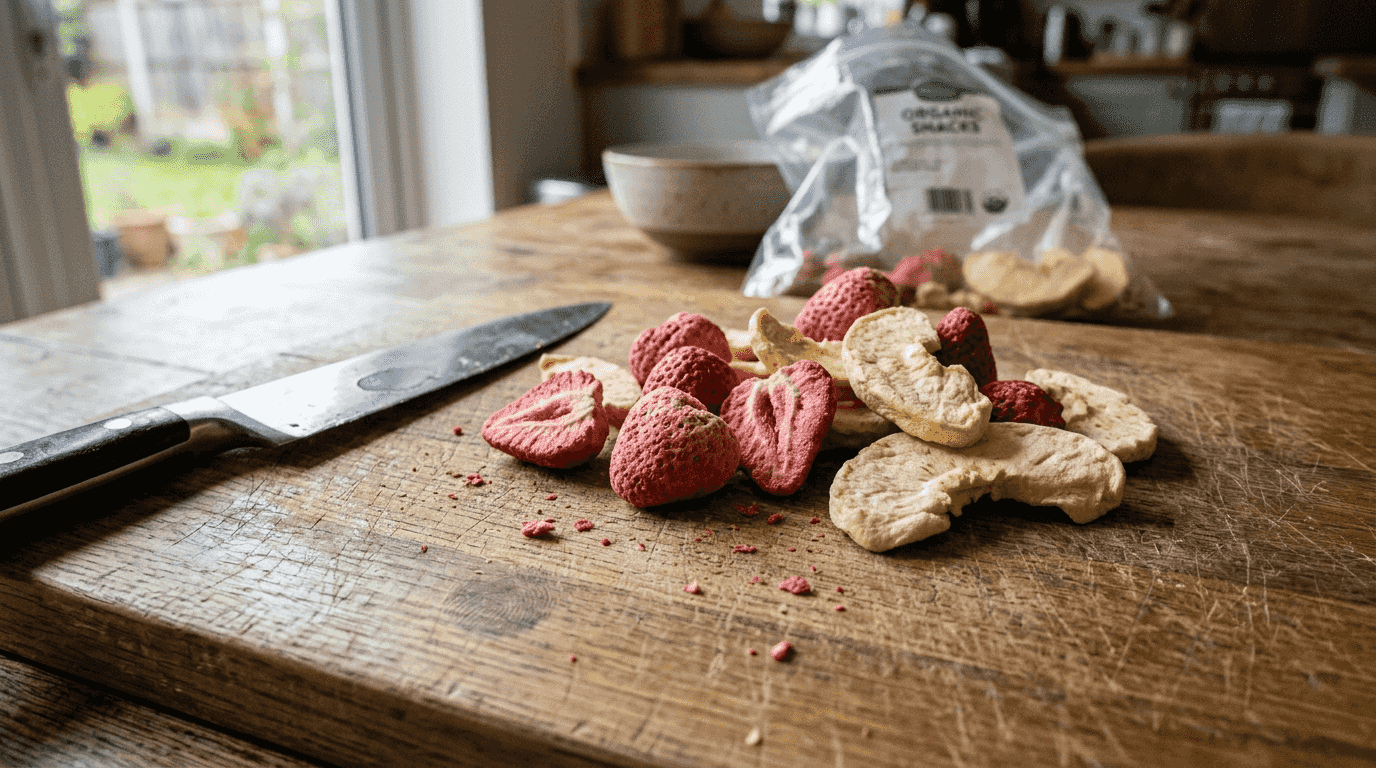 Close-up freeze dried fruit texture on board