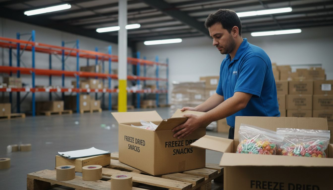 Warehouse worker handling freeze dried snack shipment