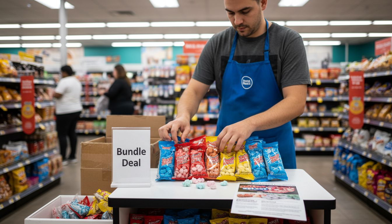 Retail worker arranging candy bundle display