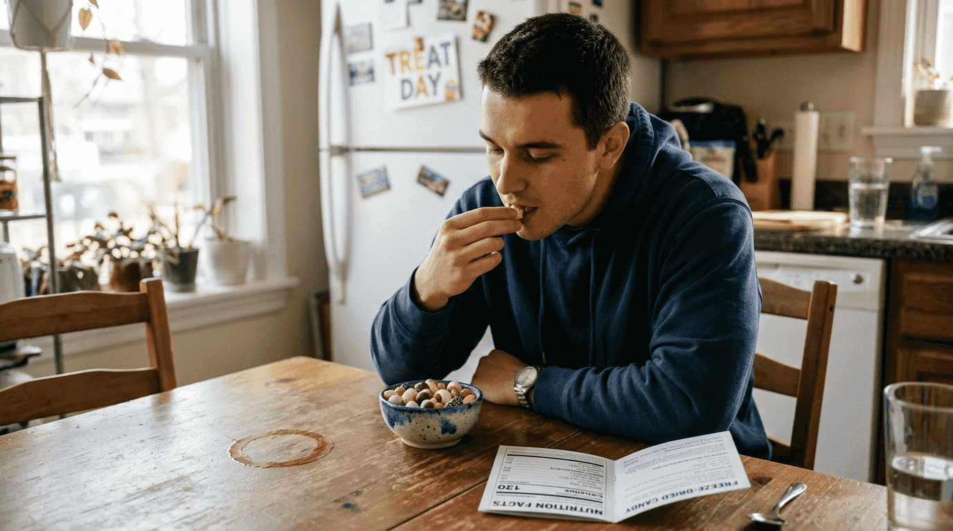 Man eating freeze-dried candy mindfully