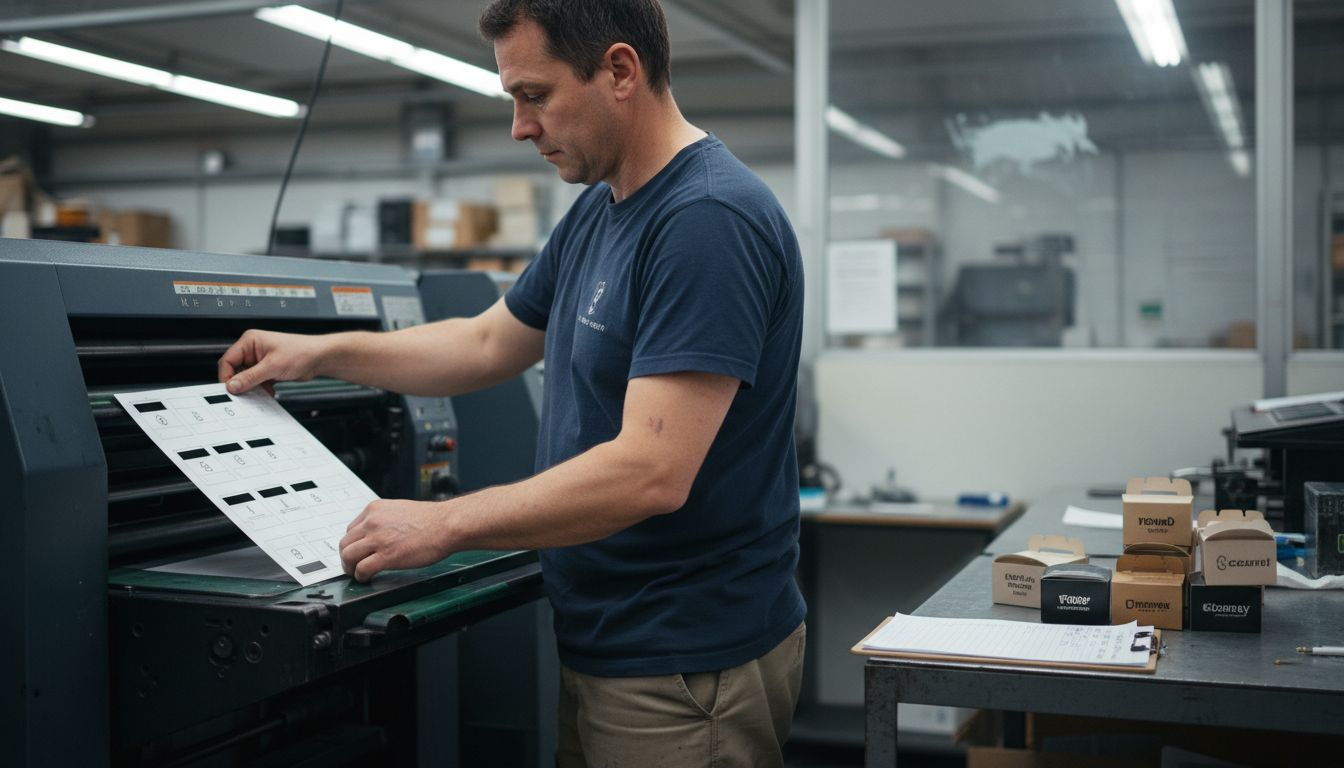 Technician loading candy box templates in print shop