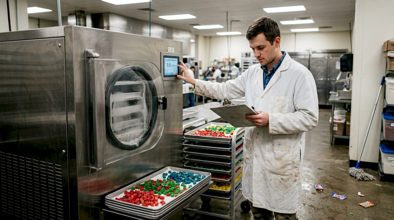 Technician monitoring freeze drying of candy
