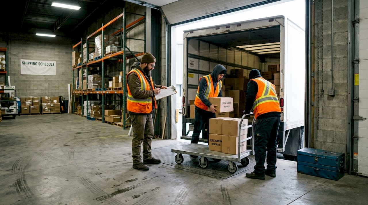 Warehouse staff unloading candy shipment