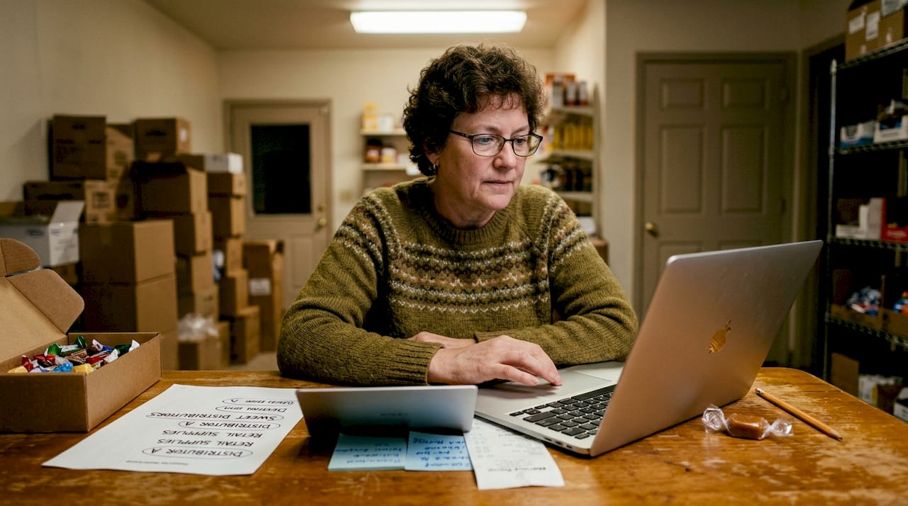 Buyer researching candy distributors at store table
