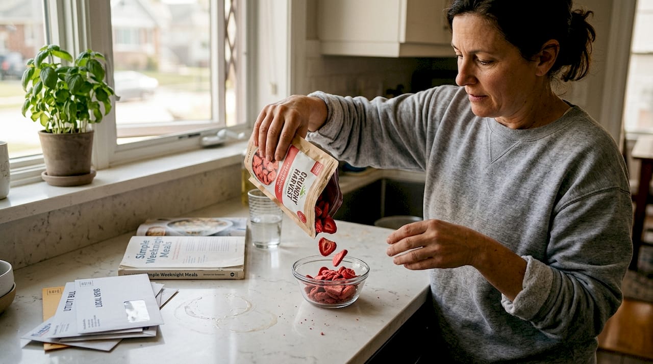 Woman pouring freeze-dried snacks in kitchen