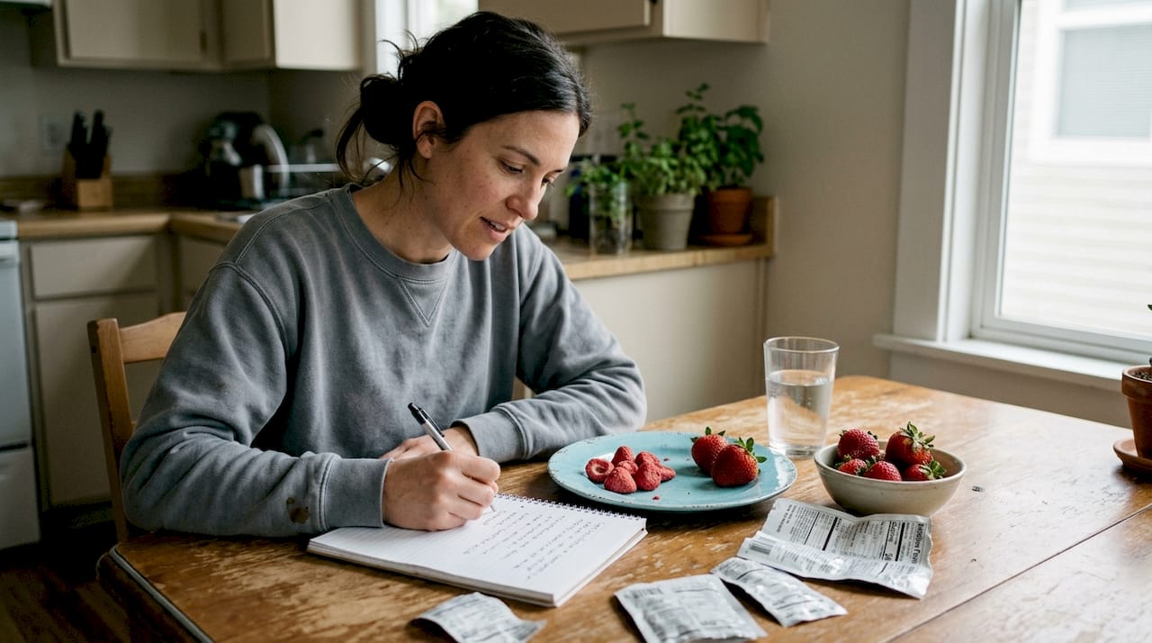 Nutritionist comparing freeze dried and fresh fruit